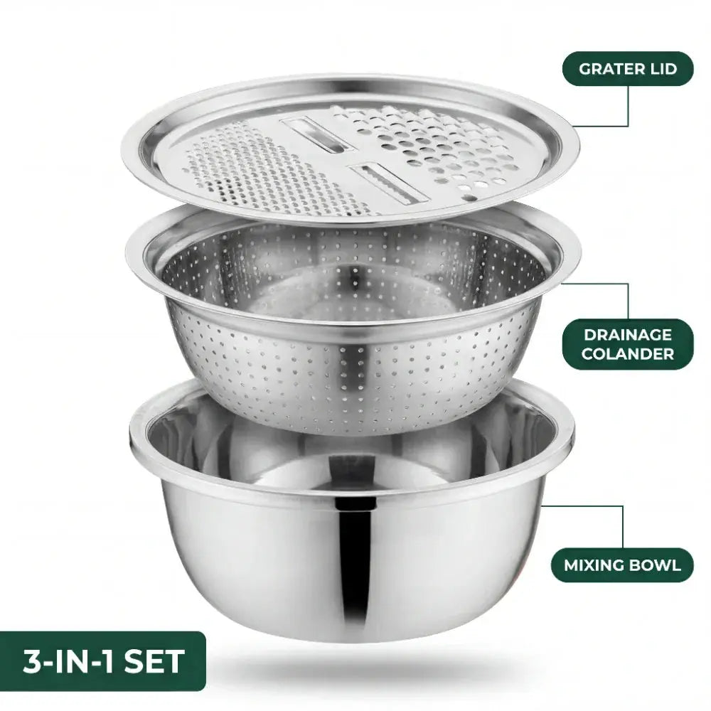 3-in-1 Mixing Bowl Set – Bowl with Grater Lid & Strainer Insert