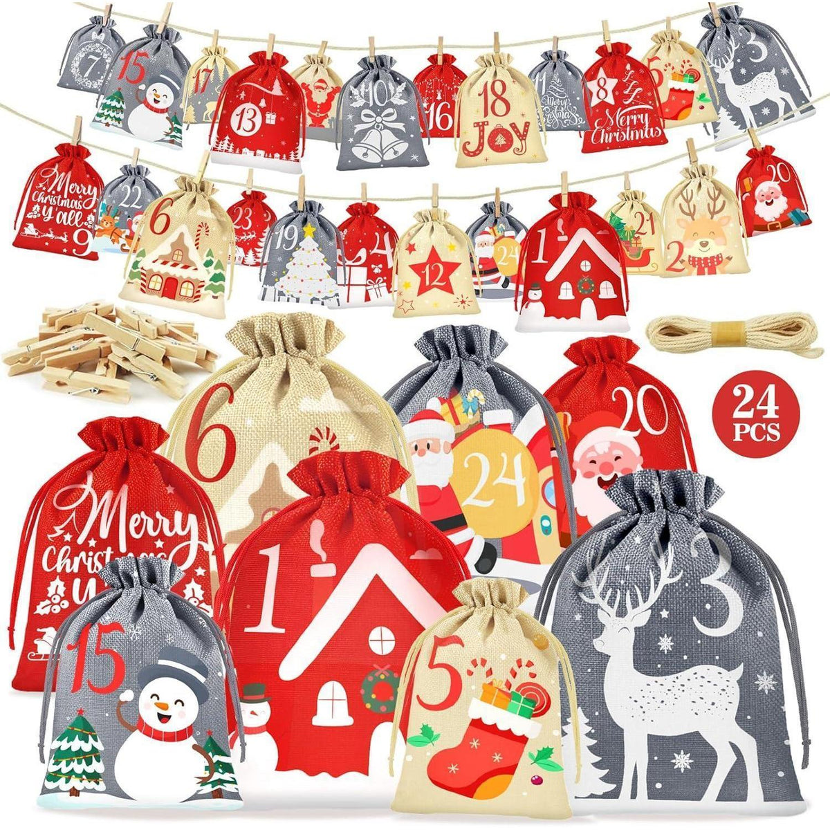 Advent Calendar 2026 to Fill – 24 Fabric Pouches in 4 Sizes with Clips & Jute String