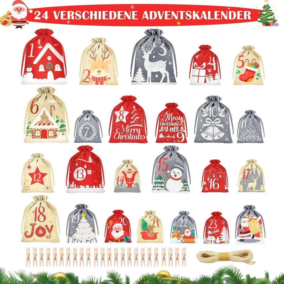 Advent Calendar 2026 to Fill – 24 Fabric Pouches in 4 Sizes with Clips & Jute String