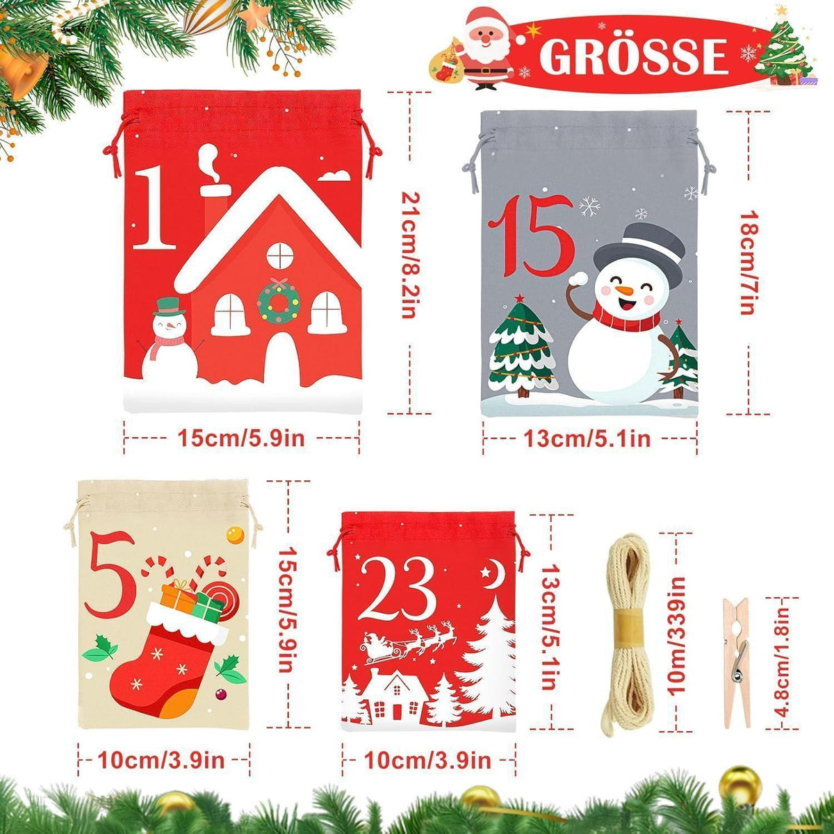 Advent Calendar 2026 to Fill – 24 Fabric Pouches in 4 Sizes with Clips & Jute String