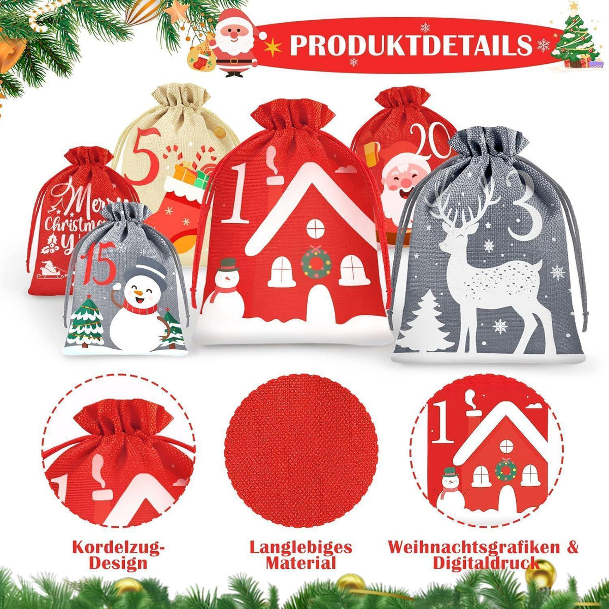 Advent Calendar 2026 to Fill – 24 Fabric Pouches in 4 Sizes with Clips & Jute String