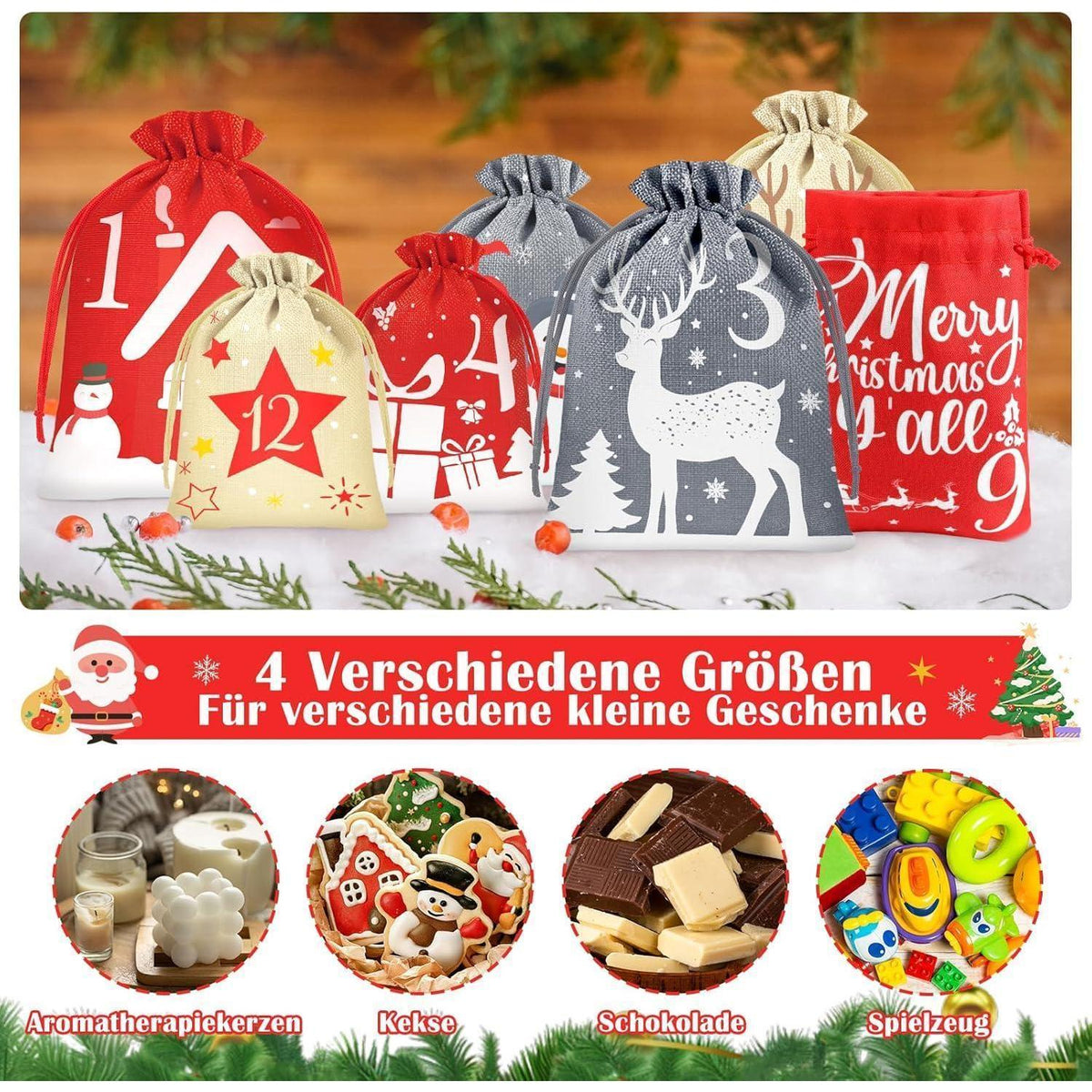 Advent Calendar 2026 to Fill – 24 Fabric Pouches in 4 Sizes with Clips & Jute String