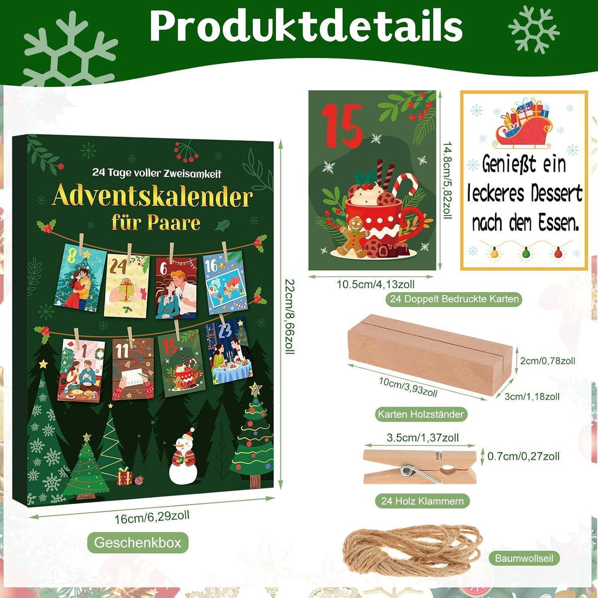 Advent Calendar for Couples 2026 – 24 Task Cards with Wood Stand, Clips & Jute Twine