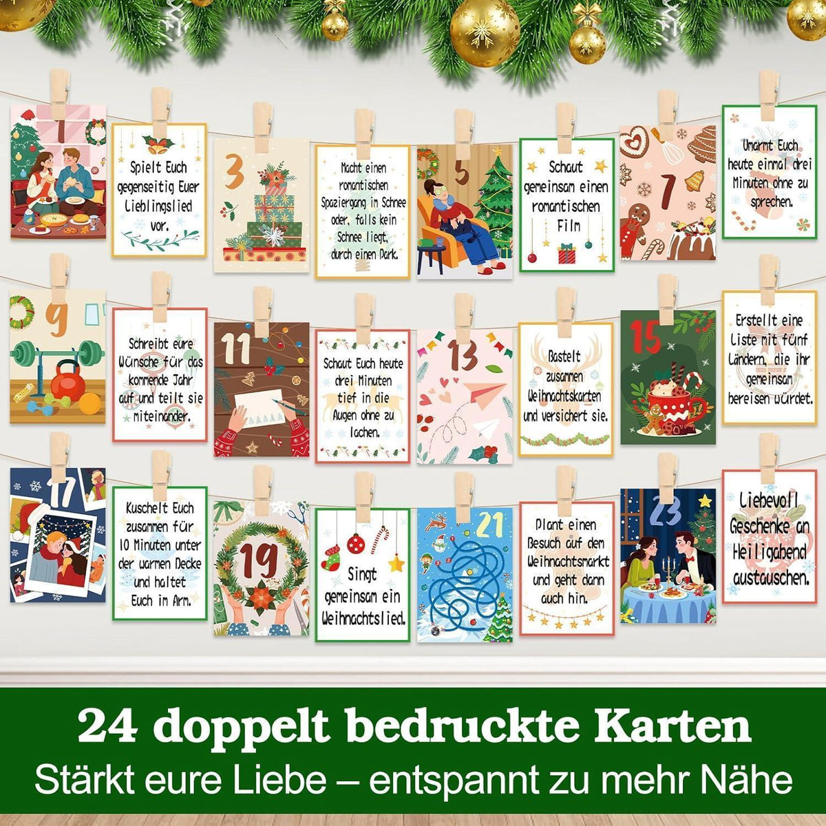 Advent Calendar for Couples 2026 – 24 Task Cards with Wood Stand, Clips & Jute Twine
