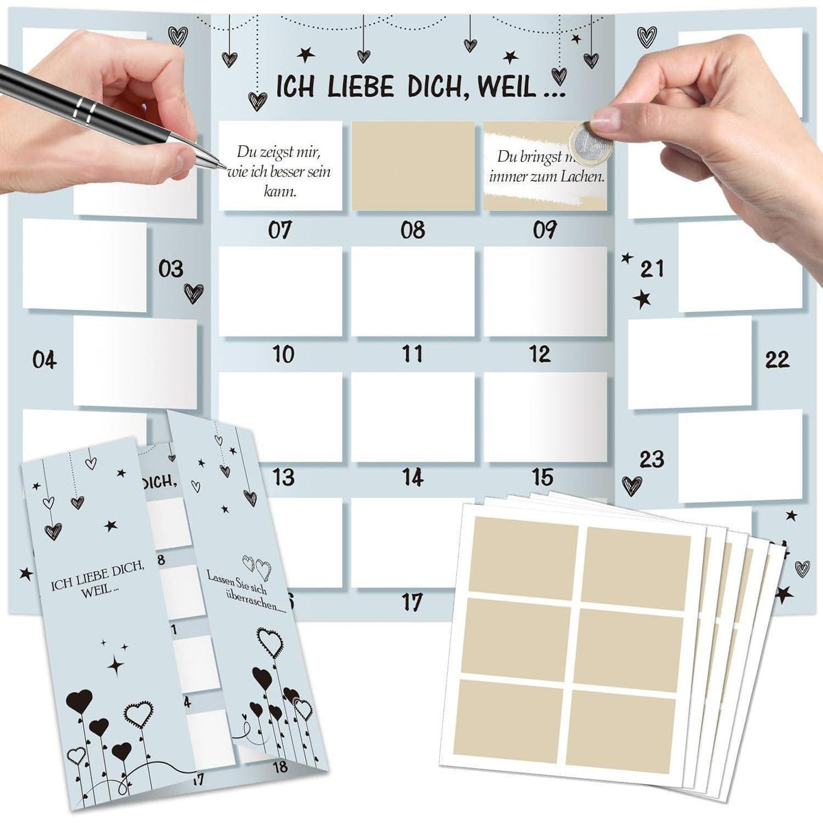 Advent Calendar for Couples – Fill-Your-Own DIY Scratch-Off Card, 24 Days, Silver Stickers