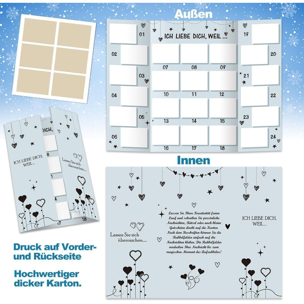 Advent Calendar for Couples – Fill-Your-Own DIY Scratch-Off Card, 24 Days, Silver Stickers