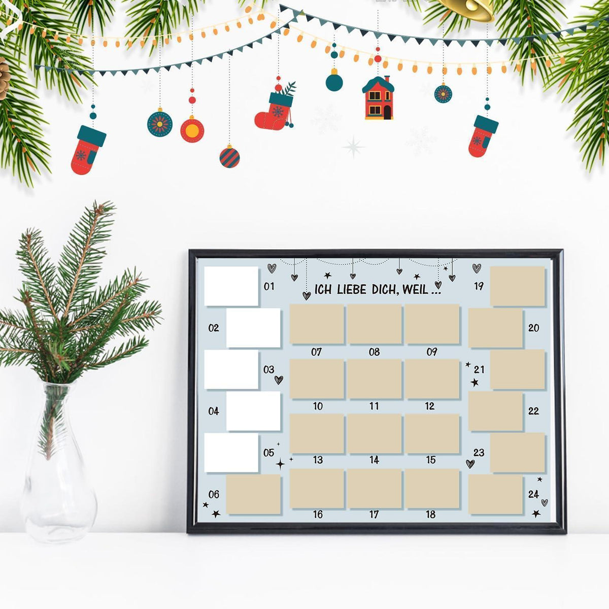 Advent Calendar for Couples – Fill-Your-Own DIY Scratch-Off Card, 24 Days, Silver Stickers