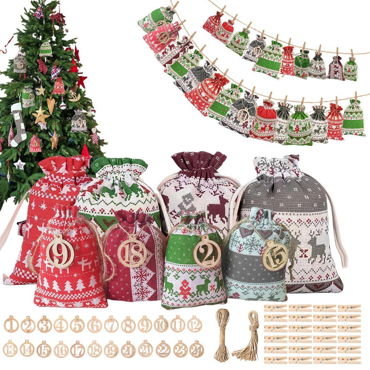 Advent Calendar to Fill 2026 – 24 Fabric Pouches, Reusable Set with Number Stickers, Clips & Twine