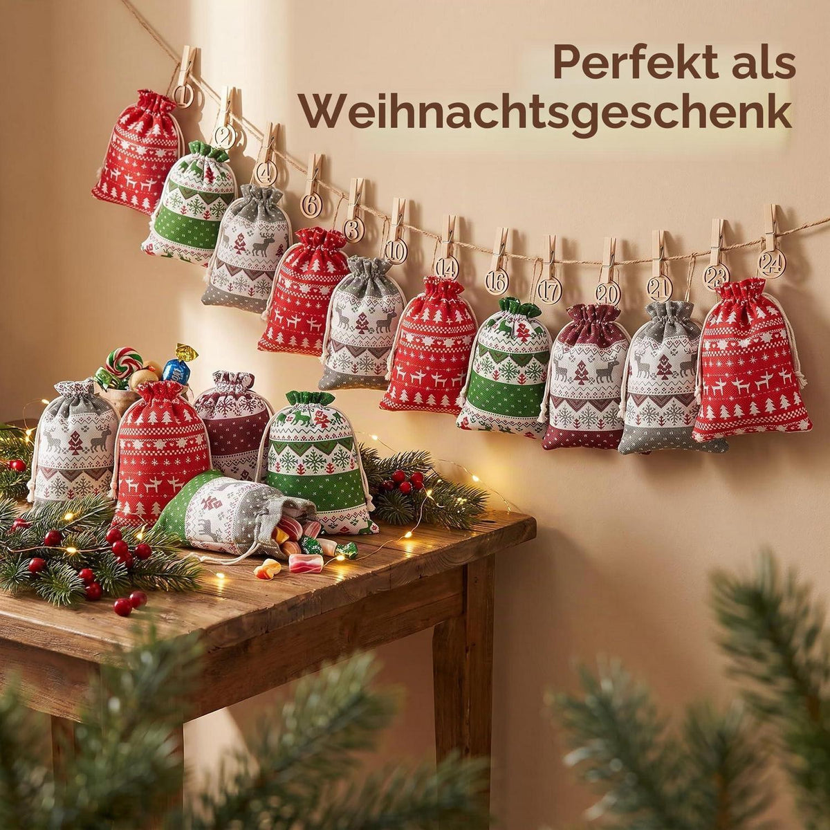 Advent Calendar to Fill 2026 – 24 Fabric Pouches, Reusable Set with Number Stickers, Clips & Twine
