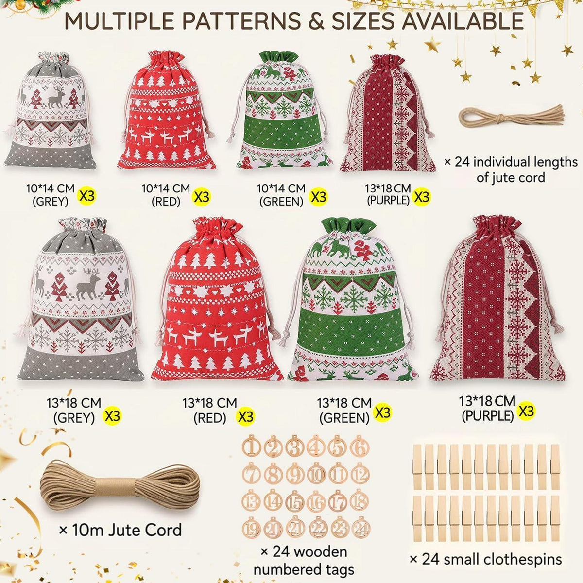 Advent Calendar to Fill 2026 – 24 Fabric Pouches, Reusable Set with Number Stickers, Clips & Twine