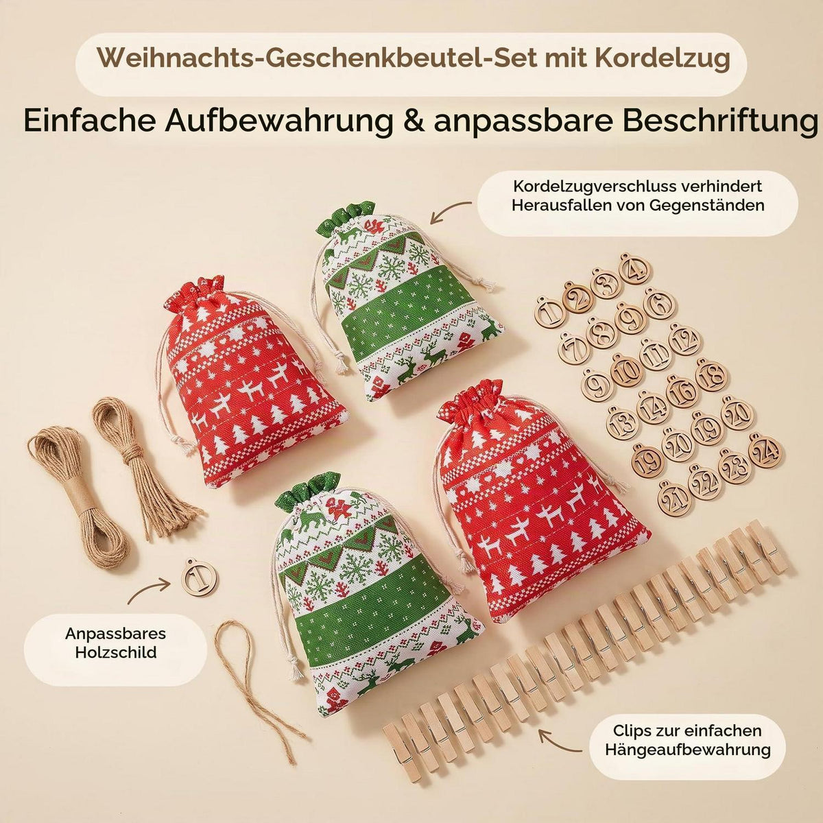 Advent Calendar to Fill 2026 – 24 Fabric Pouches, Reusable Set with Number Stickers, Clips & Twine