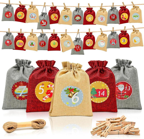 Advent Calendar to Fill – 24 Burlap-Style Bags, Large 7 x 5 in, Wooden Clips and Twine