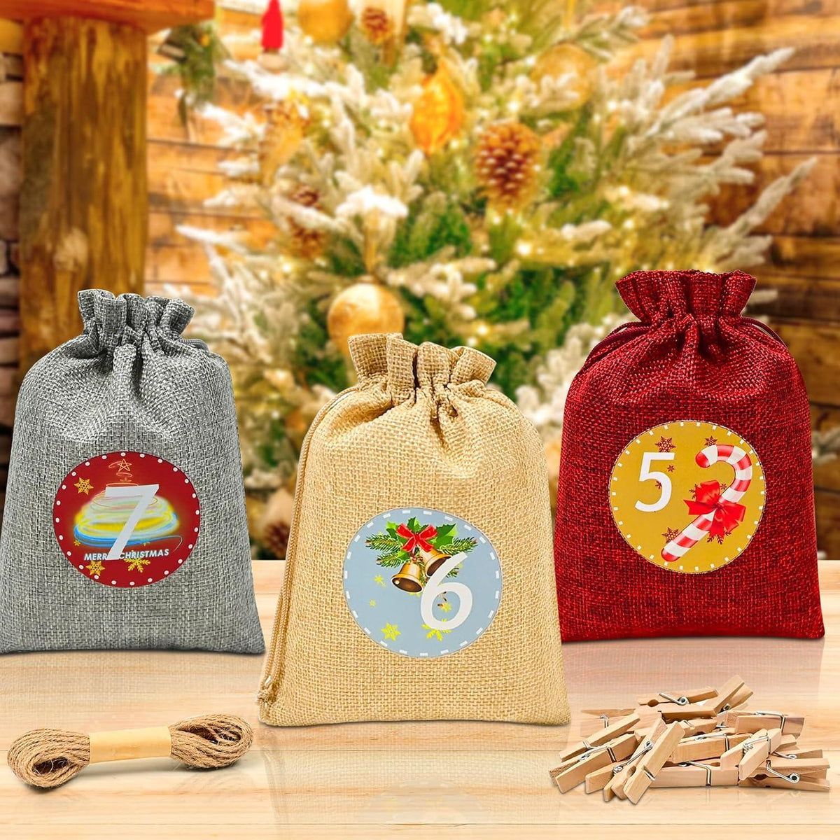 Advent Calendar to Fill – 24 Burlap-Style Bags, Large 7 x 5 in, Wooden Clips and Twine