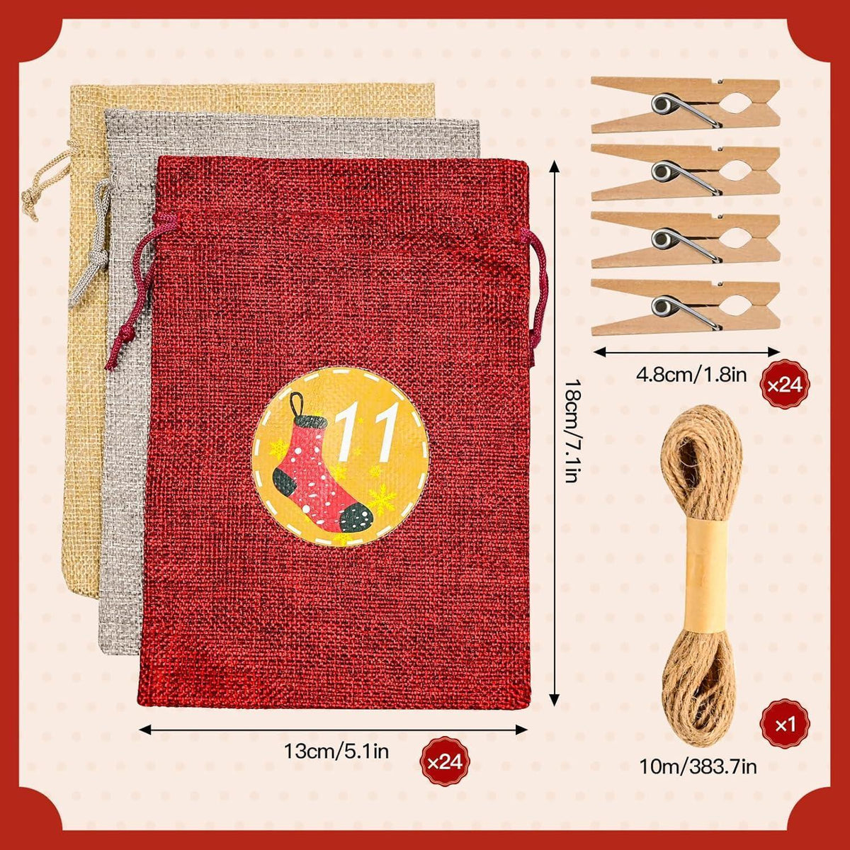 Advent Calendar to Fill – 24 Burlap-Style Bags, Large 7 x 5 in, Wooden Clips and Twine