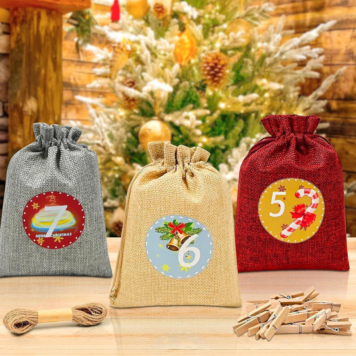 Advent Calendar to Fill – 24 Burlap-Style Bags, Large 7 x 5 in, Wooden Clips and Twine
