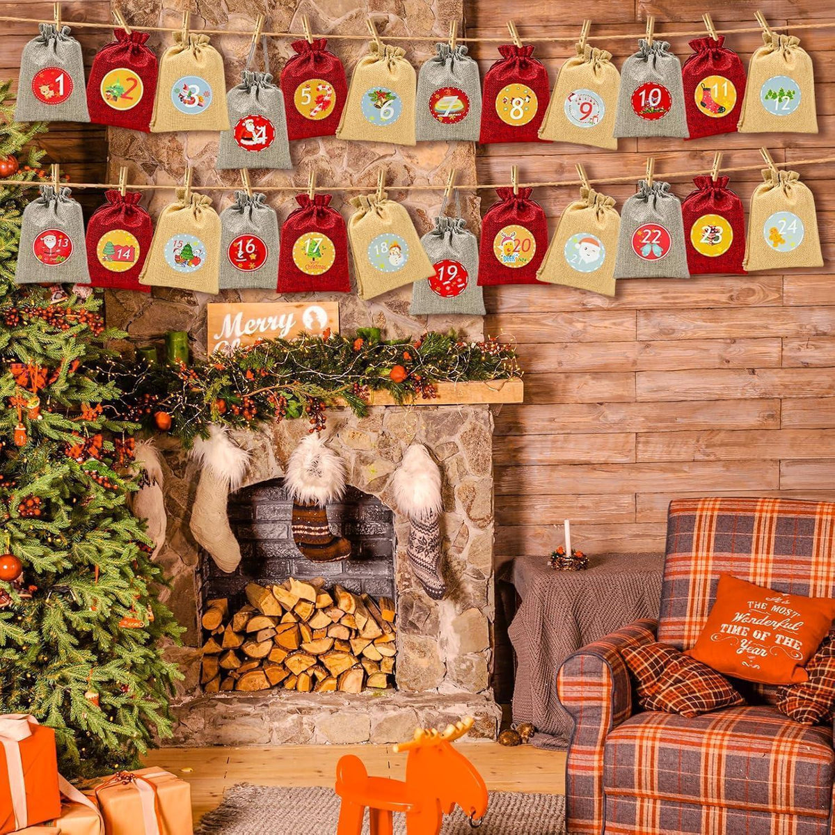 Advent Calendar to Fill – 24 Burlap-Style Bags, Large 7 x 5 in, Wooden Clips and Twine