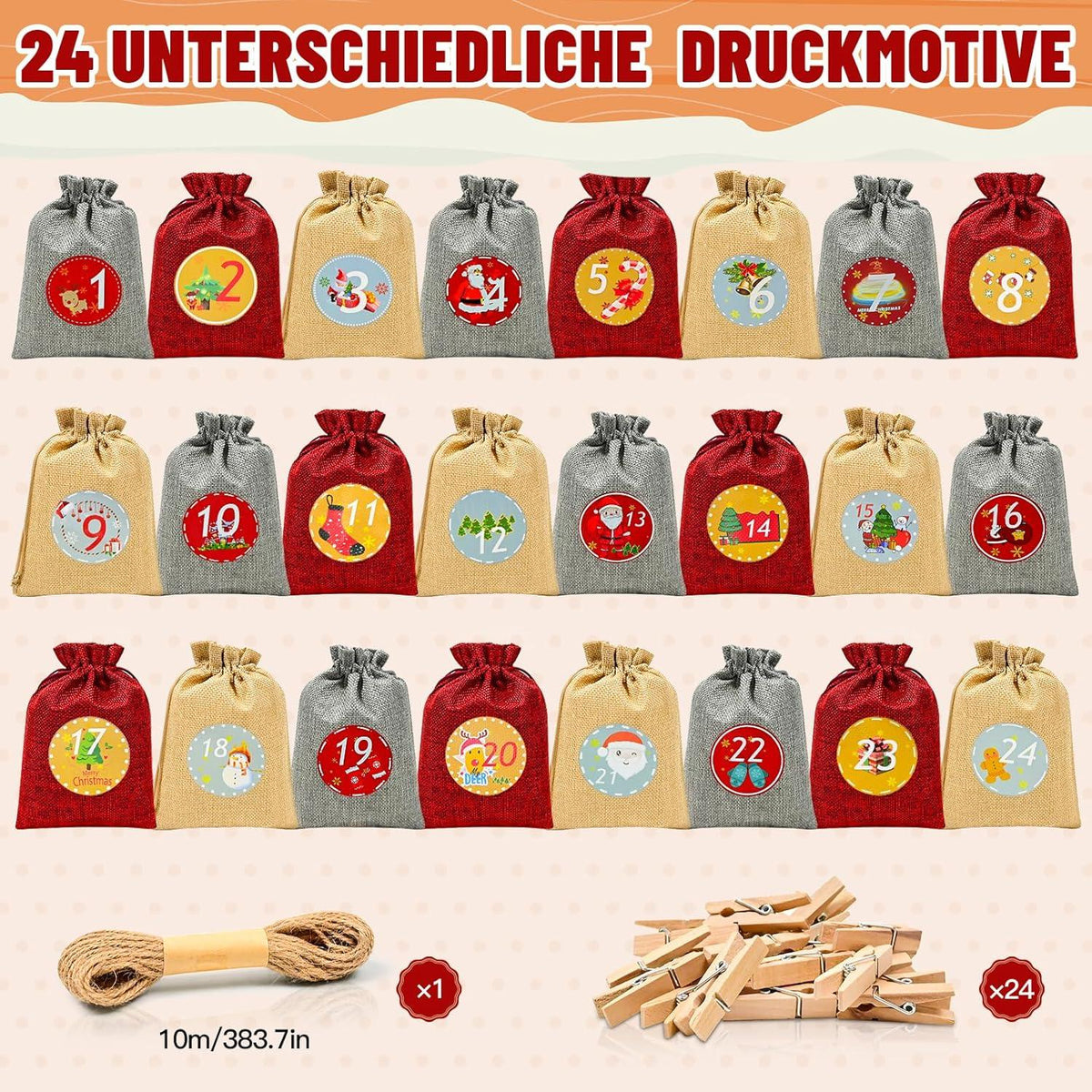 Advent Calendar to Fill – 24 Burlap-Style Bags, Large 7 x 5 in, Wooden Clips and Twine