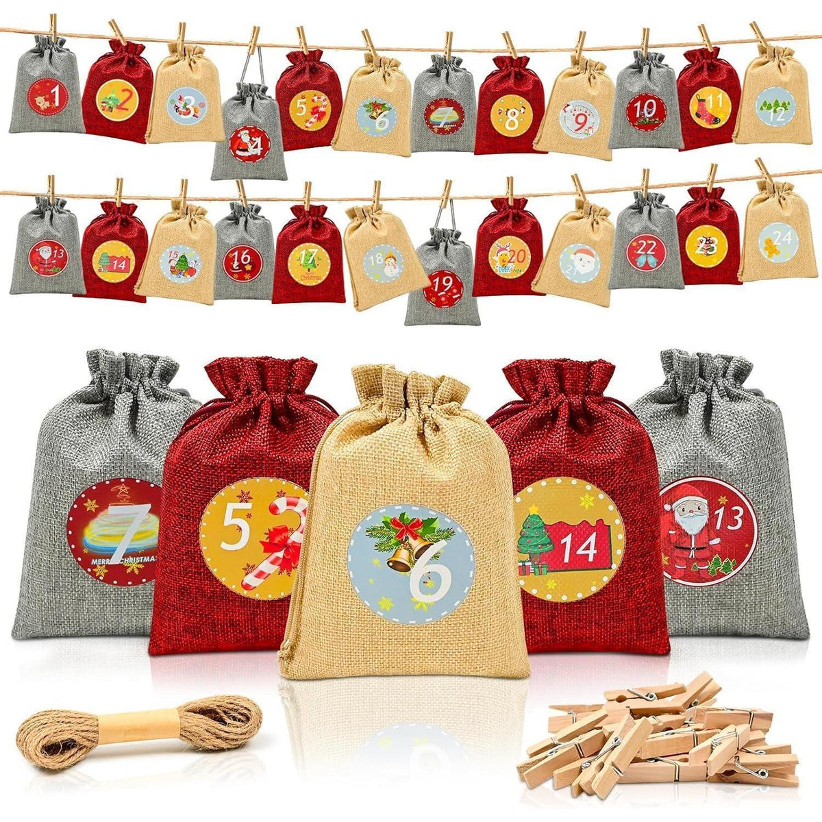 Advent Calendar to Fill – 24 Burlap-Style Bags, Large 7 x 5 in, Wooden Clips and Twine