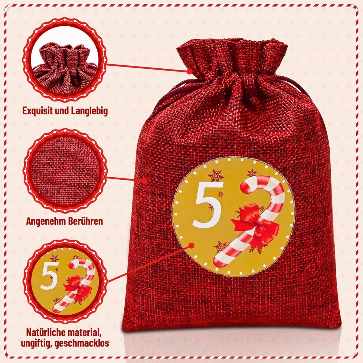 Advent Calendar to Fill – 24 Burlap-Style Bags, Large 7 x 5 in, Wooden Clips and Twine