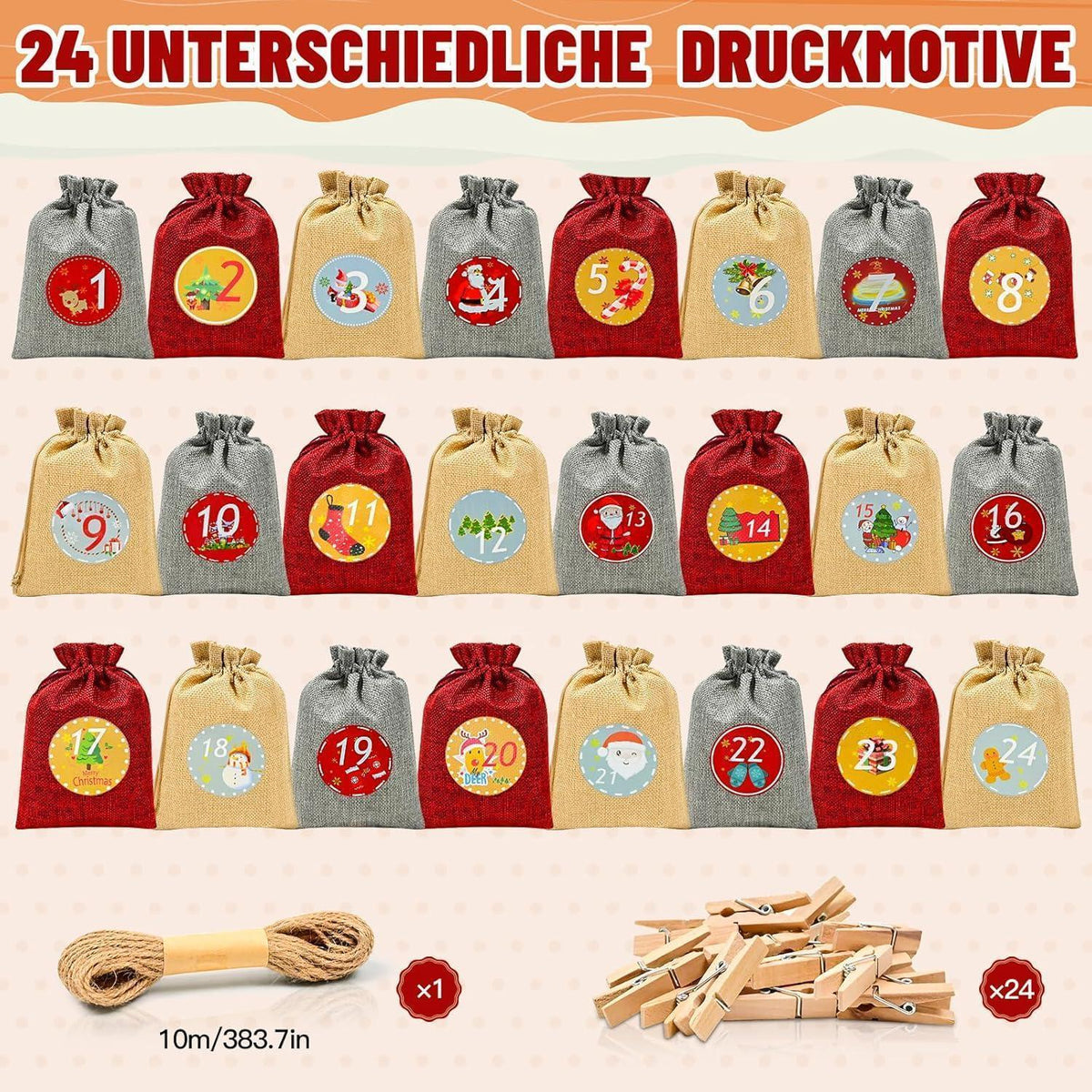 Advent Calendar to Fill – 24 Burlap-Style Bags, Large 7 x 5 in, Wooden Clips and Twine