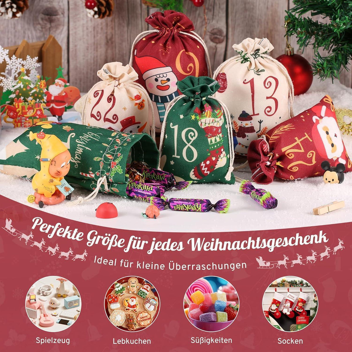 Advent Calendar to Fill – 24 Cloth Bags in Red Green & Beige, 2 Sizes, Wooden Clips and Twine