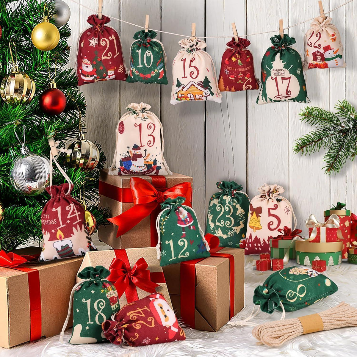 Advent Calendar to Fill – 24 Cloth Bags in Red Green & Beige, 2 Sizes, Wooden Clips and Twine