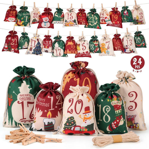 Advent Calendar to Fill – 24 Cloth Bags in Red Green & Beige, 2 Sizes, Wooden Clips and Twine