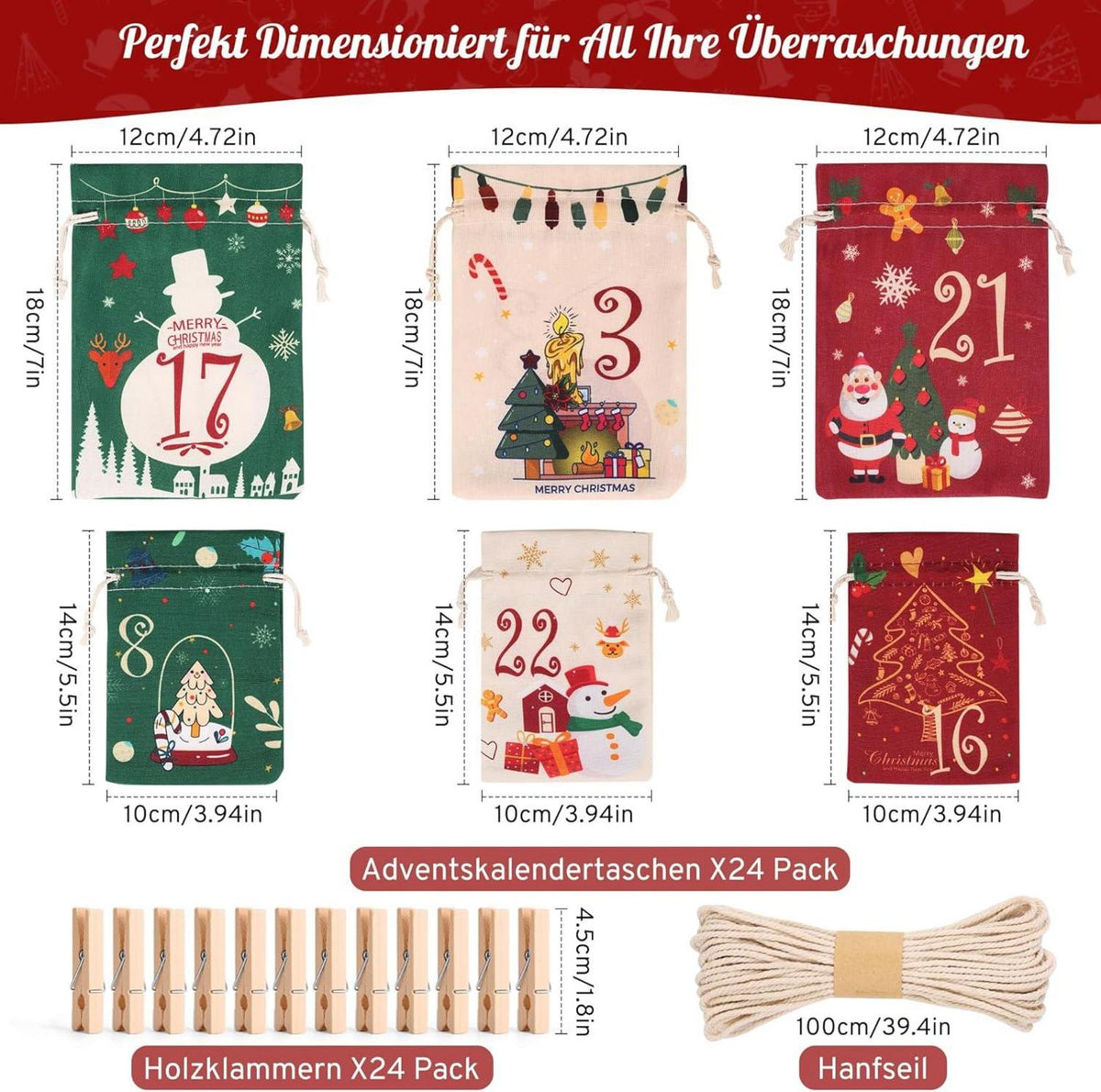 Advent Calendar to Fill – 24 Cloth Bags in Red Green & Beige, 2 Sizes, Wooden Clips and Twine