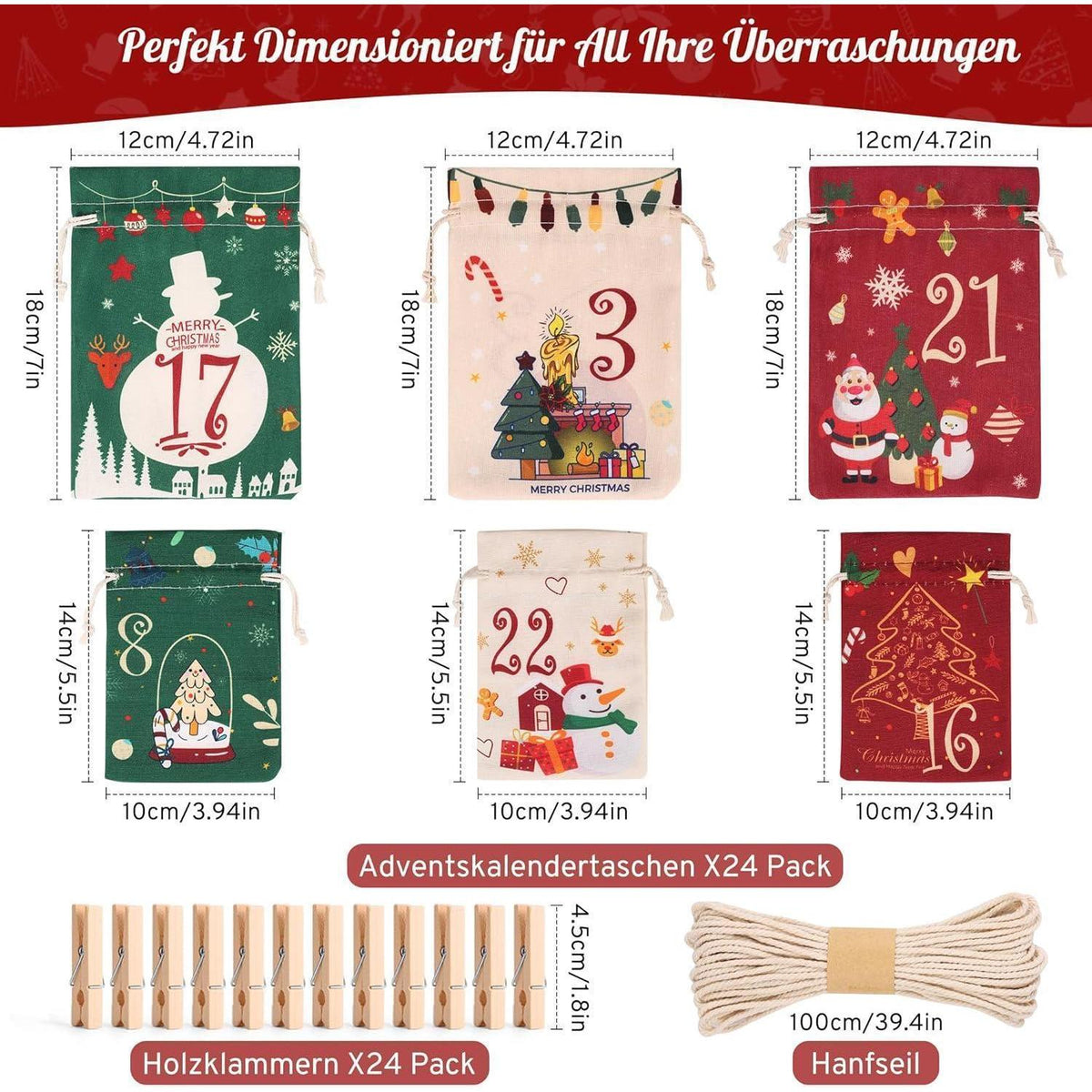 Advent Calendar to Fill – 24 Cloth Bags in Red Green & Beige, 2 Sizes, Wooden Clips and Twine