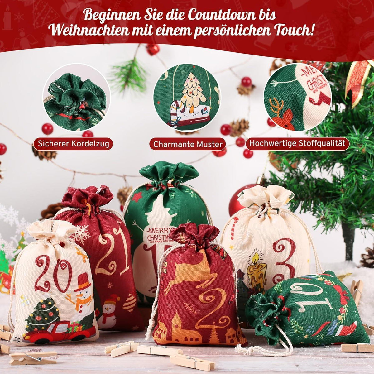 Advent Calendar to Fill – 24 Cloth Bags in Red Green & Beige, 2 Sizes, Wooden Clips and Twine