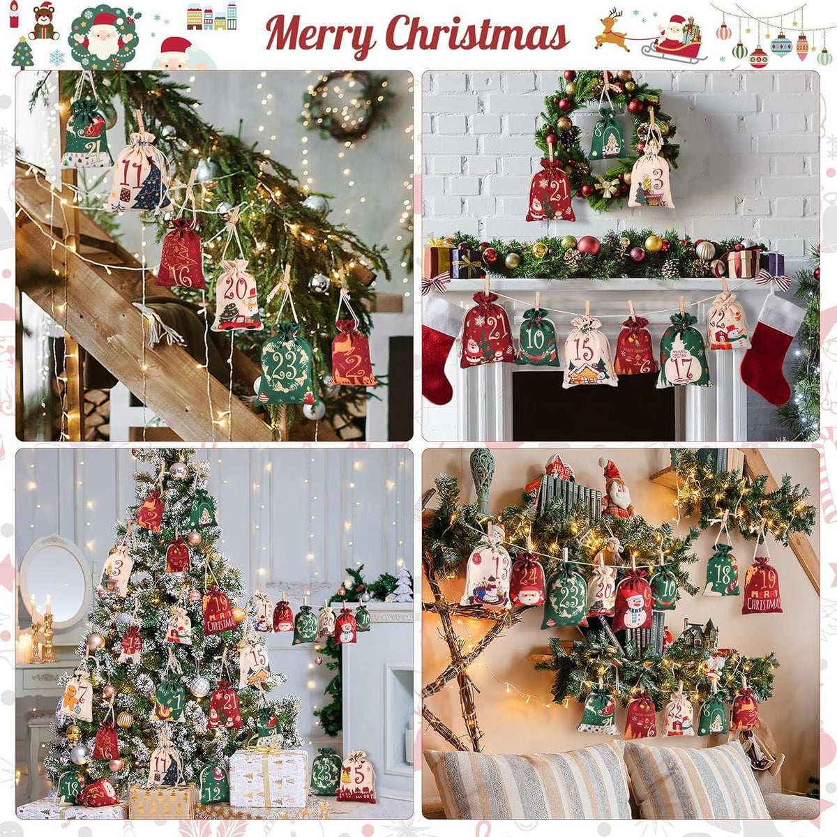 Advent Calendar to Fill – 24 Cloth Bags in Red Green & Beige, 2 Sizes, Wooden Clips and Twine