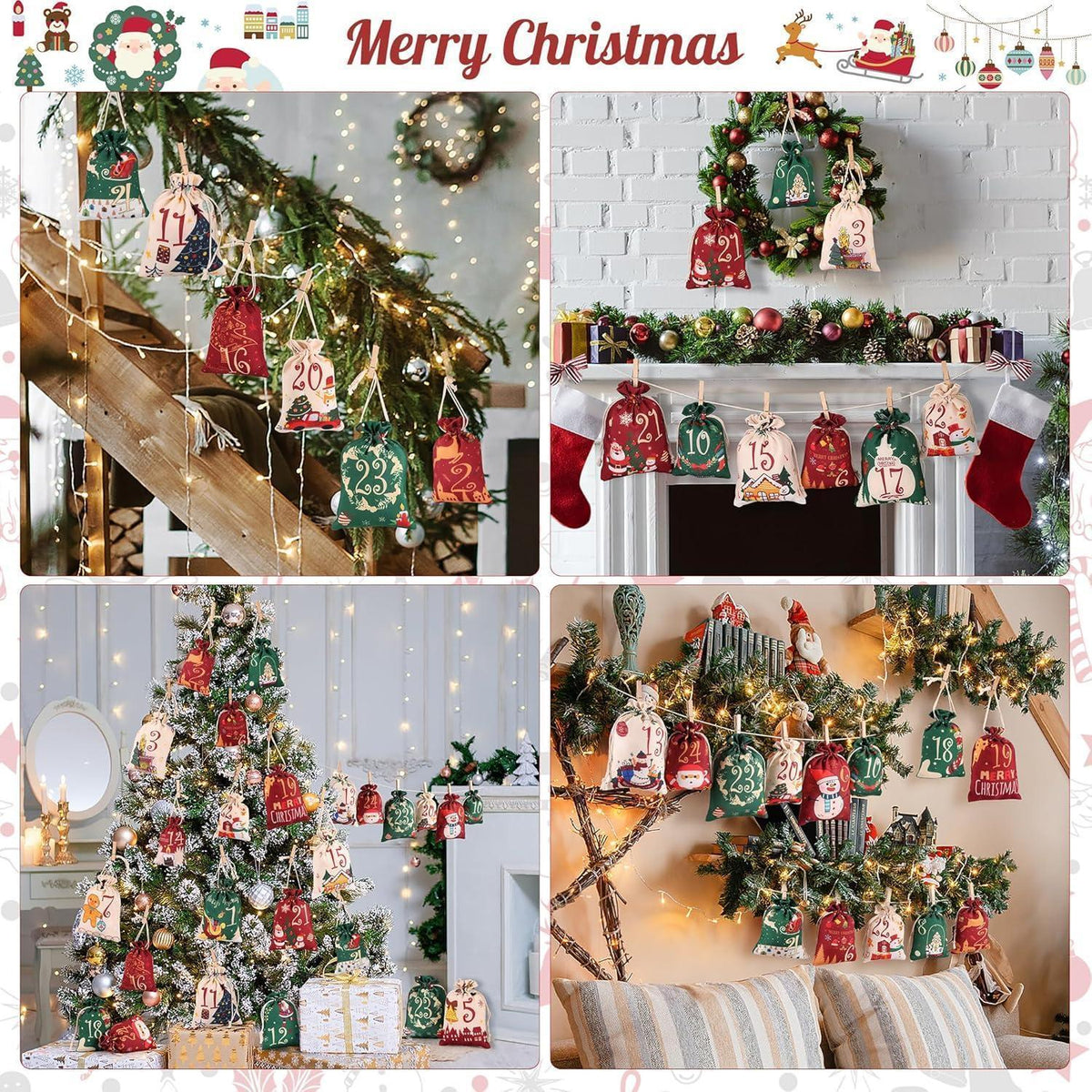 Advent Calendar to Fill – 24 Cloth Bags in Red Green & Beige, 2 Sizes, Wooden Clips and Twine