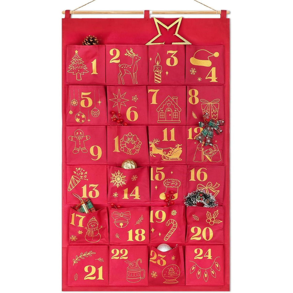 Advent Calendar to Fill – 24 Glitter Bags in Red & Gold, Large Hanging Pouches, Reusable