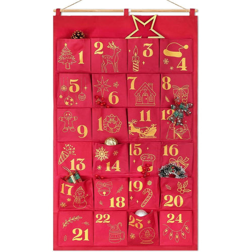Advent Calendar to Fill – 24 Glitter Bags in Red & Gold, Large Hanging Pouches, Reusable