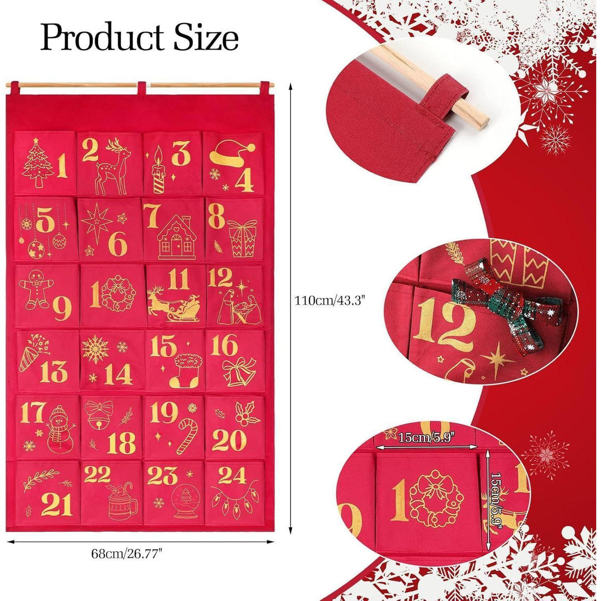 Advent Calendar to Fill – 24 Glitter Bags in Red & Gold, Large Hanging Pouches, Reusable