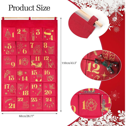 Advent Calendar to Fill – 24 Glitter Bags in Red & Gold, Large Hanging Pouches, Reusable