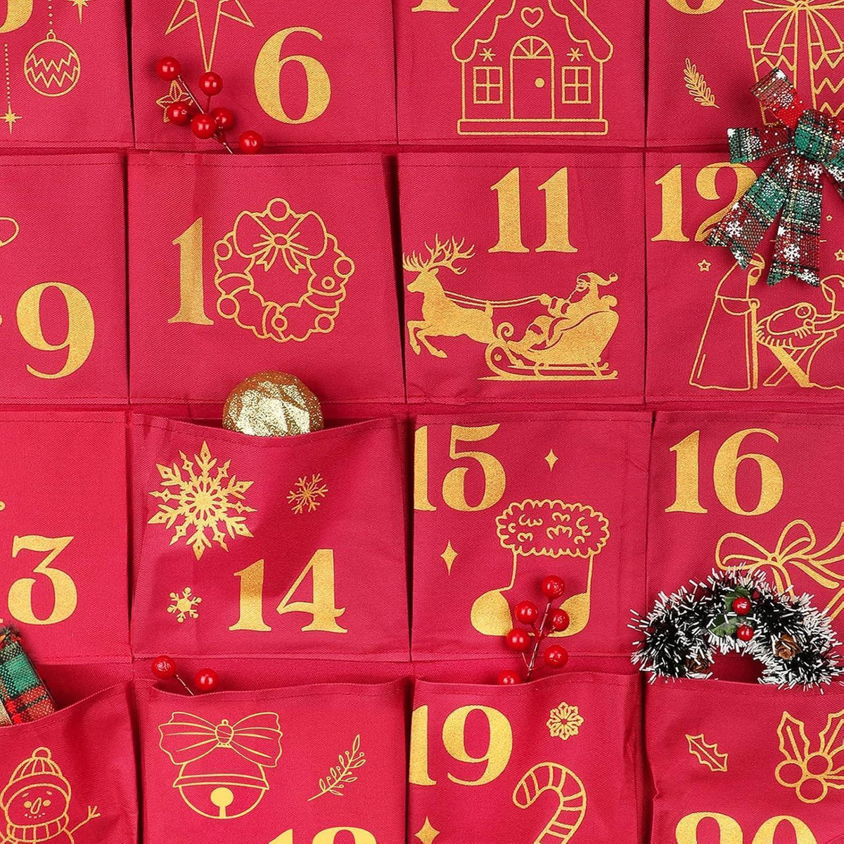 Advent Calendar to Fill – 24 Glitter Bags in Red & Gold, Large Hanging Pouches, Reusable
