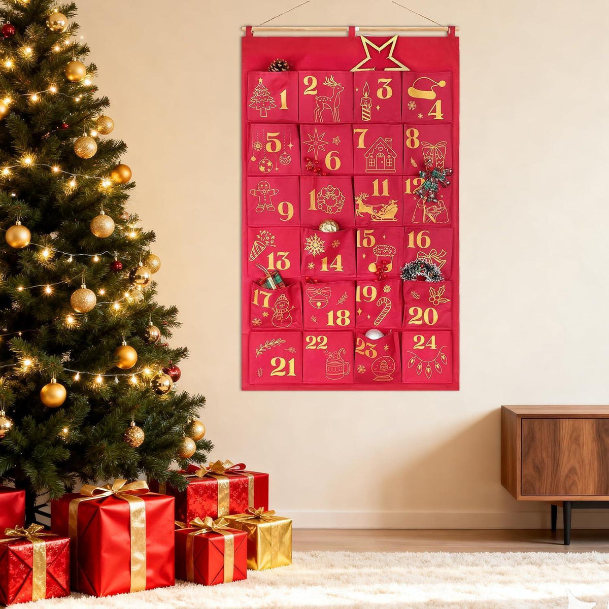 Advent Calendar to Fill – 24 Glitter Bags in Red & Gold, Large Hanging Pouches, Reusable
