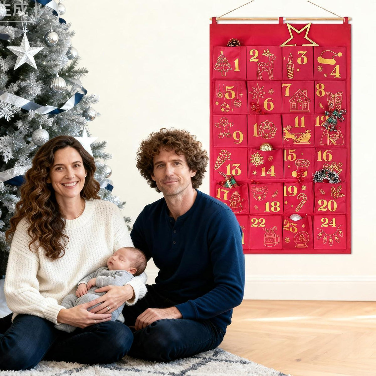 Advent Calendar to Fill – 24 Glitter Bags in Red & Gold, Large Hanging Pouches, Reusable