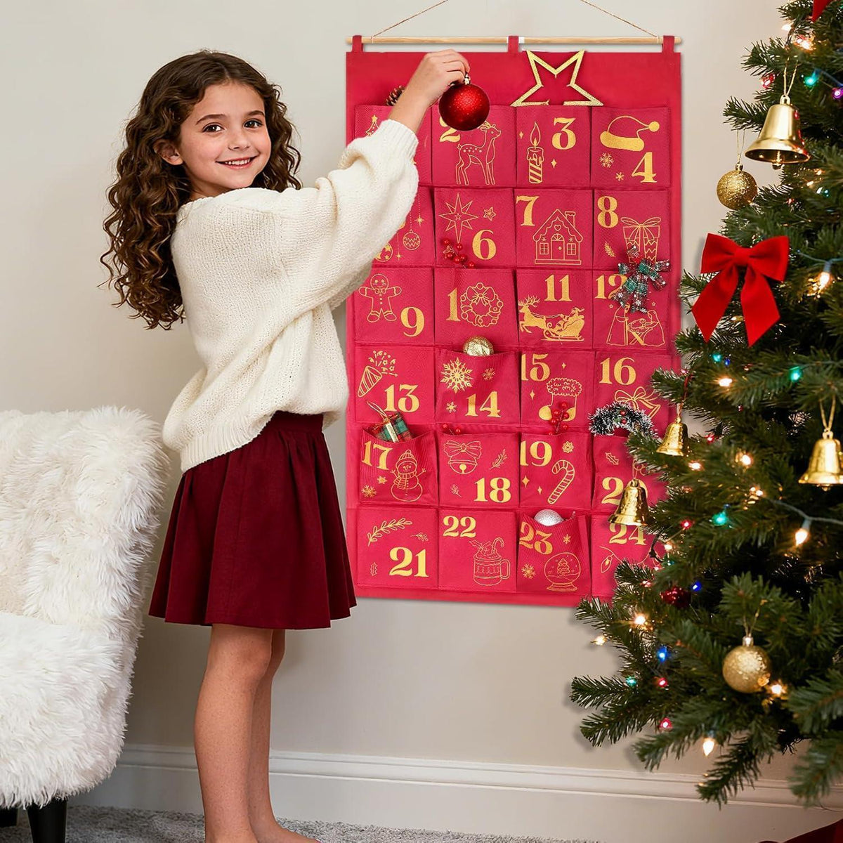 Advent Calendar to Fill – 24 Glitter Bags in Red & Gold, Large Hanging Pouches, Reusable
