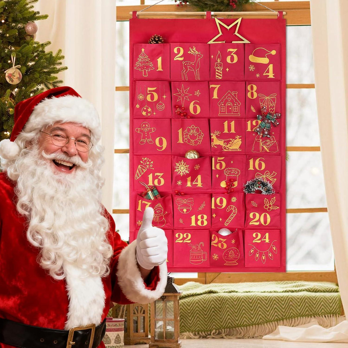 Advent Calendar to Fill – 24 Glitter Bags in Red & Gold, Large Hanging Pouches, Reusable