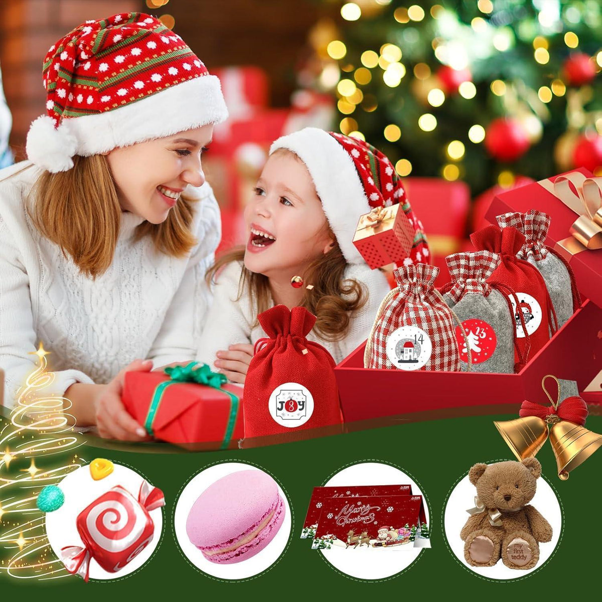 Advent Calendar to Fill – 24 Red Cloth Bags, Reusable DIY Countdown with Number Stickers, Wooden Clips & Cord