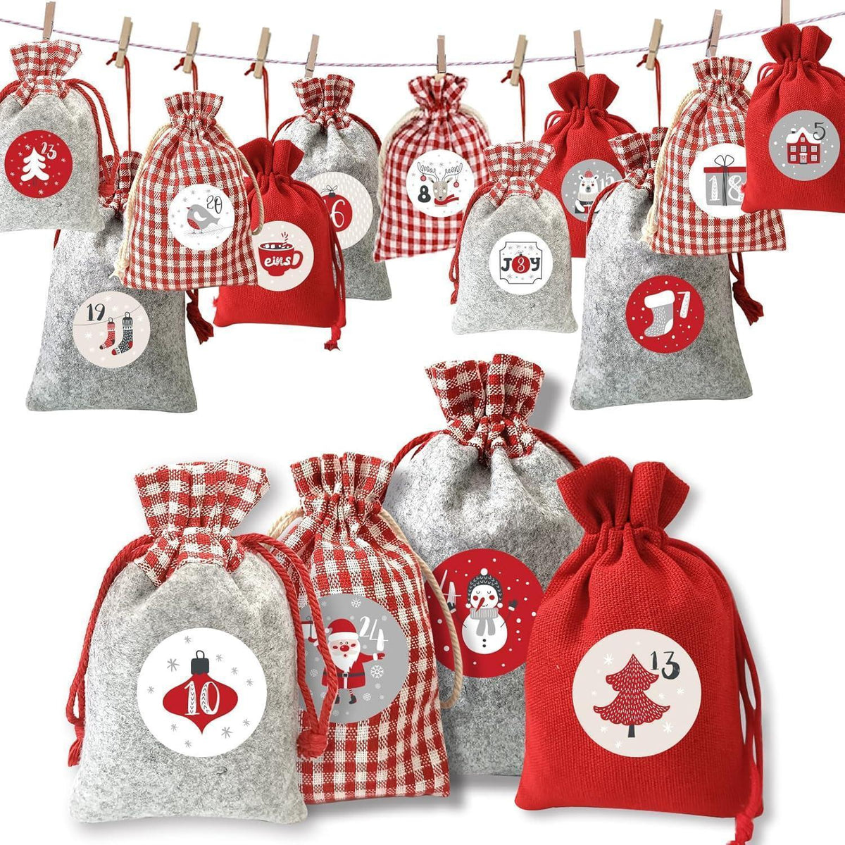 Advent Calendar to Fill – 24 Red Cloth Bags, Reusable DIY Countdown with Number Stickers, Wooden Clips & Cord