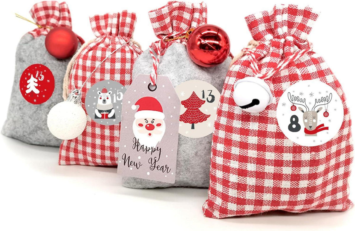 Advent Calendar to Fill – 24 Red Cloth Bags, Reusable DIY Countdown with Number Stickers, Wooden Clips & Cord