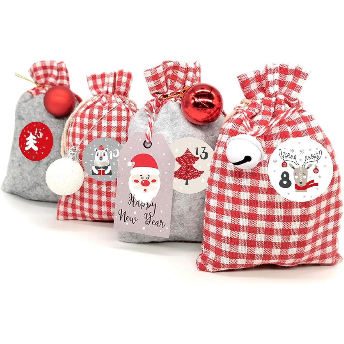 Advent Calendar to Fill – 24 Red Cloth Bags, Reusable DIY Countdown with Number Stickers, Wooden Clips & Cord