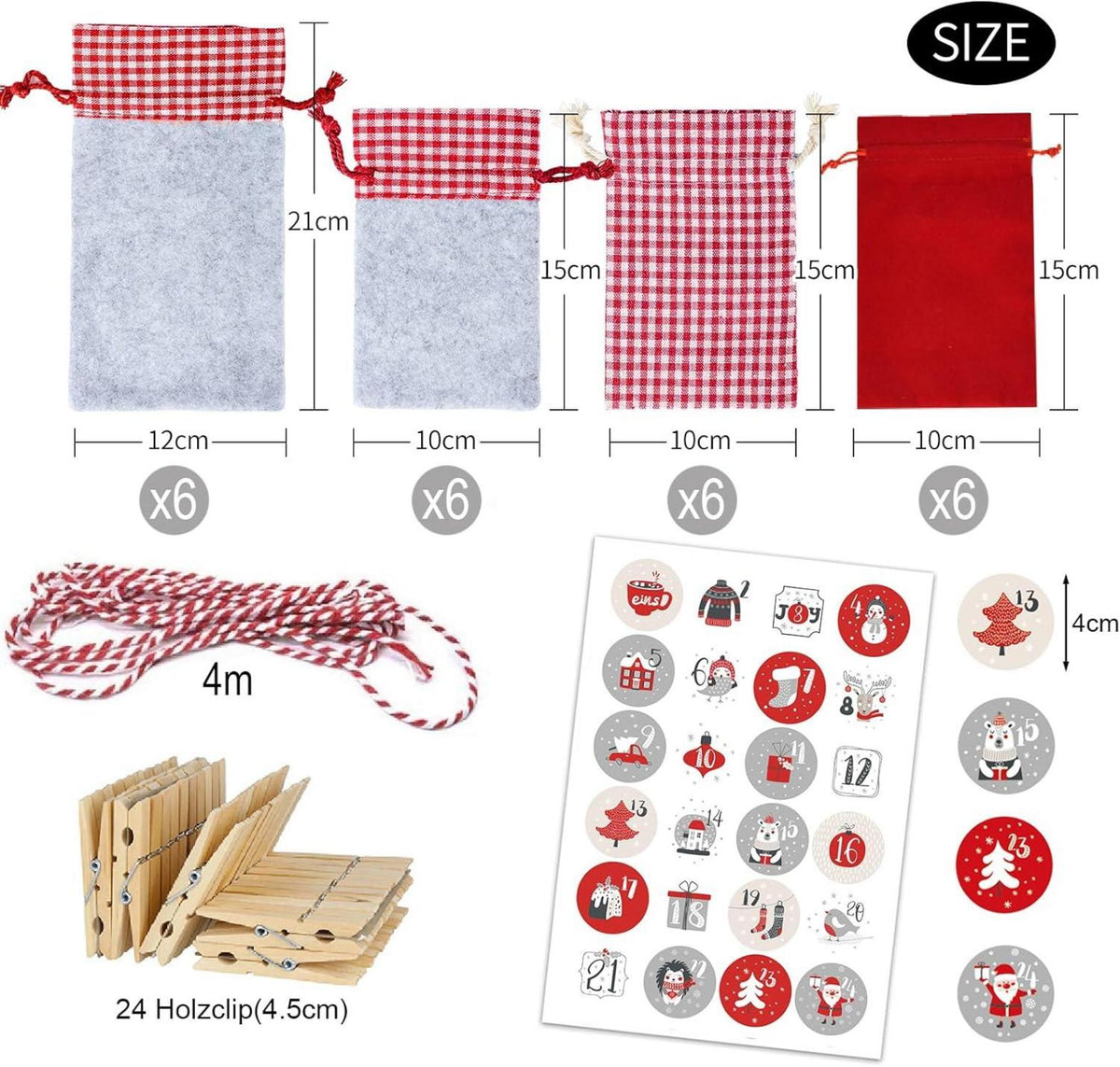 Advent Calendar to Fill – 24 Red Cloth Bags, Reusable DIY Countdown with Number Stickers, Wooden Clips & Cord