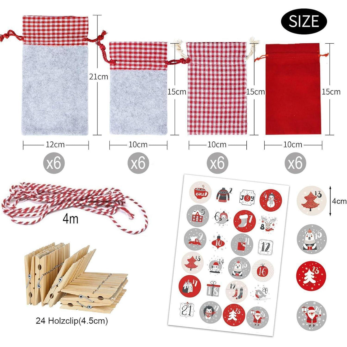 Advent Calendar to Fill – 24 Red Cloth Bags, Reusable DIY Countdown with Number Stickers, Wooden Clips & Cord