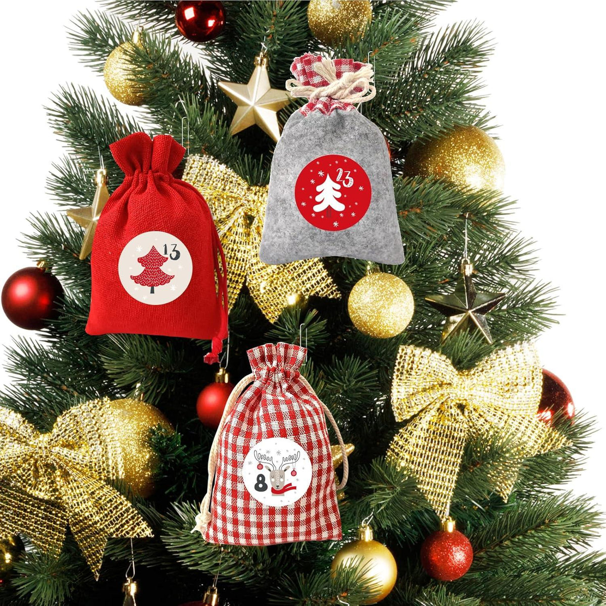 Advent Calendar to Fill – 24 Red Cloth Bags, Reusable DIY Countdown with Number Stickers, Wooden Clips & Cord