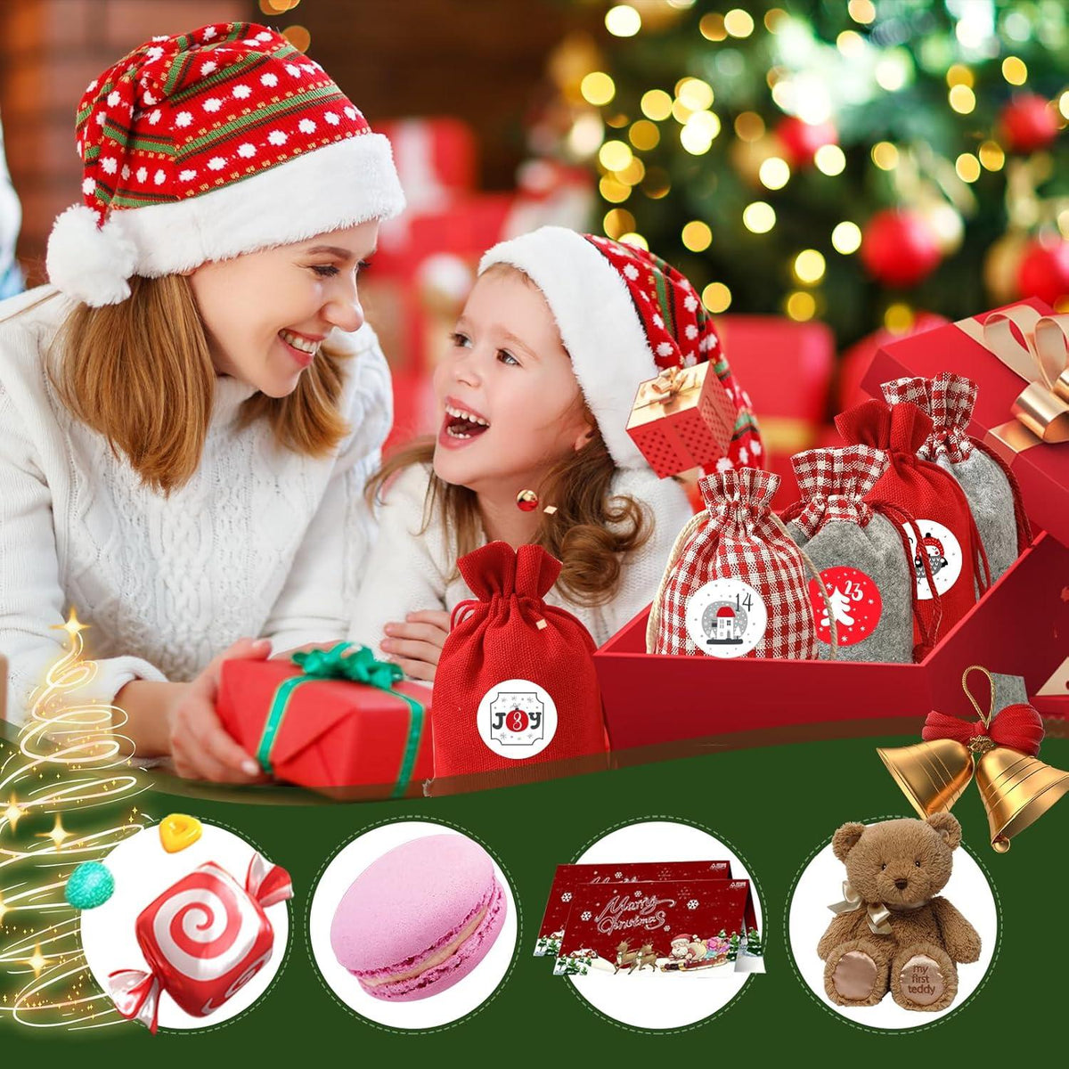 Advent Calendar to Fill – 24 Red Cloth Bags, Reusable DIY Countdown with Number Stickers, Wooden Clips & Cord