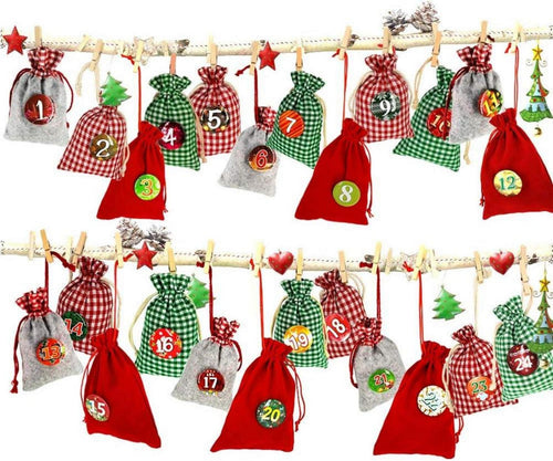 Advent Calendar to Fill – 24 XXL Fabric Bags, Reusable Set with Numbers, Clips & 13 ft Cord